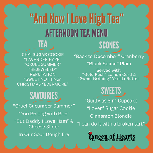 Afternoon tea menu with various tea, scones, and sweets options from Queen of Hearts Tea House & Gift Shop.