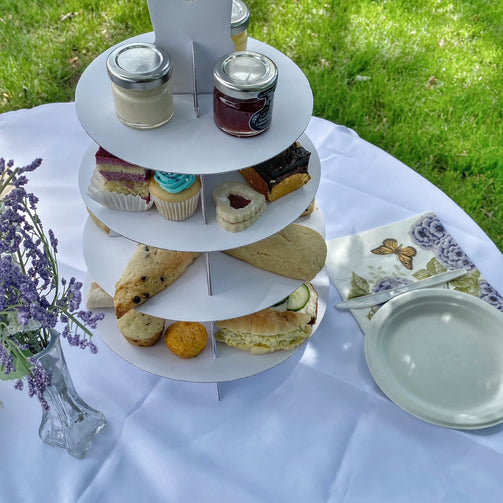 Inside the 4 tiered cardboard tea serving plate caddy from Queen of Hearts Tea House Kitchener Ontario