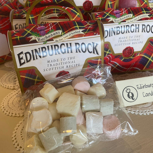 Edinburgh Rock Candy in Red Tartan Gift Box in Purse Shape Traditional Scottish Sweets from Queen of Hearts Tea House Kitchener