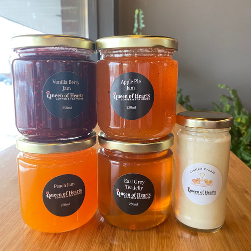 Jam Jars Apple Pie Jam Peach Jam Vanilla Berry Jam 250ml Queen of Hearts Tea House Kitchener