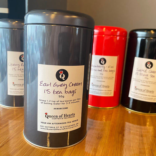 close up of Tea-Tin-with-tea-bags-assorted-queen-of-hearts-tea-house-kitchener-ontario