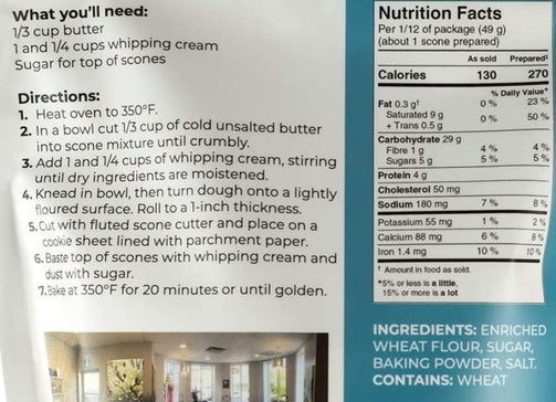 Scone Mix Package Back including ingredients and nutritional facts