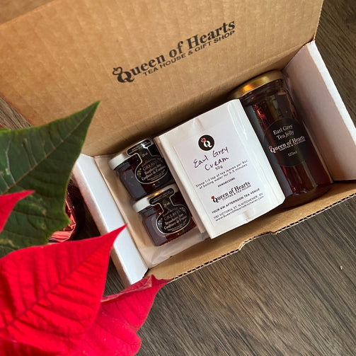 Pick your own trio gift box, tea, clotted cream, jelly, jams from queen of hearts tea house and gift shop in Kitchener ontario pickup only