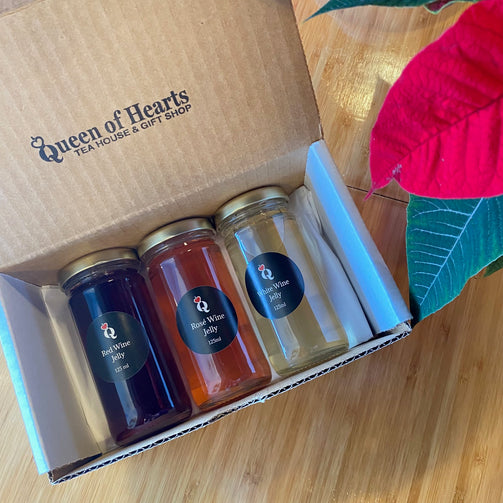 Pick your own trio gift box, tea, clotted cream, jelly, jams from queen of hearts tea house and gift shop in Kitchener ontario pickup only