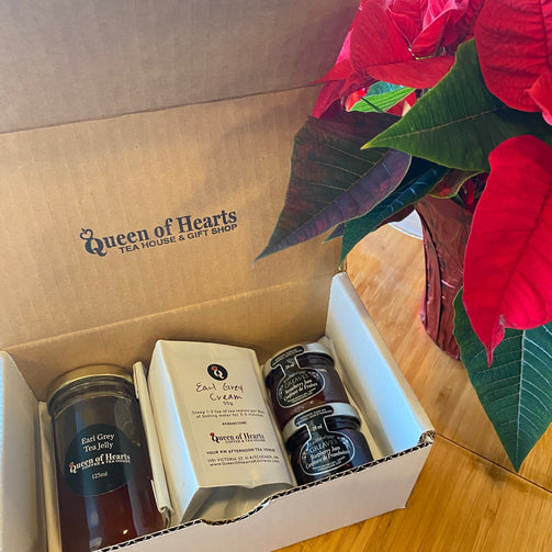 Pick your own trio gift box, tea, clotted cream, jelly, jams from queen of hearts tea house and gift shop in Kitchener ontario pickup only