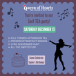 Promotional flyer for a 'Swift-TEA-party' at Queen of Hearts Tea House & Gift Shop with event details and silhouette of a woman.
