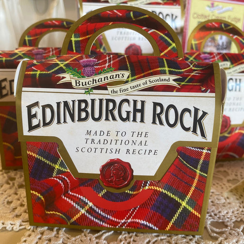 Edinburgh Rock Candy in Red Tartan Gift Box in Purse Shape Traditional Scottish Sweets from Queen of Hearts Tea House Kitchener