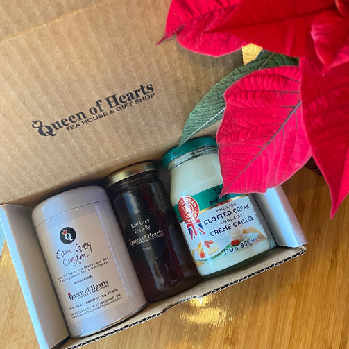 Pick your own trio gift box, tea, clotted cream, jelly, jams from queen of hearts tea house and gift shop in Kitchener ontario pickup only